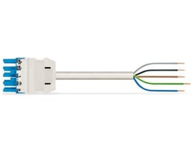 Wago 5-polet tilslutningskabel 5G2,5 mm i hvid med hunstik og afisolerede ledere i grå, sort, brun, grøn og blå.