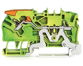 Wago 2-leder-jordklemme med Push-in CAGE CLAMP® i grøn-gul farve, vist i tværsnit for at illustrere intern mekanisme.