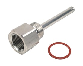 Nærbillede af Danfoss dykrør med en G 1/2" gevindfitting og en rød pakning ved siden af, fremstillet i stål.