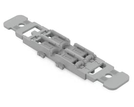 Wago monteringsholder til 2-vejs trækaflastning med snap in-fod i grå plast på hvid baggrund.