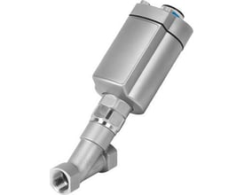 Festo skråsædeventil VZXA-B-TS6-50-M2-V13T i metal og grå plast med gevindtilslutning på hvid baggrund.