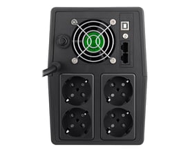 Bagpanelet på en PowerWalker VI 2000 SCL UPS, med 4 Schuko-stik, USB-port, RJ45-stik og køleblæser.