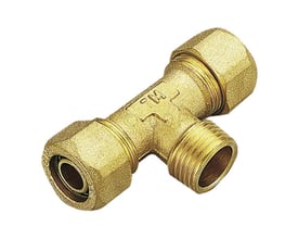 Messing T-stykke til PEX-rør med 22 mm diameter og 1/2" nippel, VA/GDV godkendt.