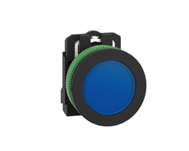 Nærbillede af Schneider Electric XB5FVB6 signallampe med blå lysflade og synlig fastgørelsesmekanisme, 24V.
