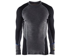 Blåkläder WARM termoundertrøje i grå og sort med lange ærmer, vist forfra; modellen er i merinould, str. 4XL.