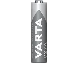 Sølvfarvet VARTA V27A alkalisk specialbatteri med 12 V, set oprejst med batteripolen øverst.
