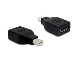 Sort Delock-videoadapter fra Mini DisplayPort-hanstik til DisplayPort-hunstik, vist fra begge ender.