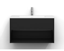 Svedbergs Epos plan underskab i sort ask, 80 x 45 cm med én skuffe, vist forfra under en hvid vask.