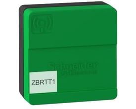 Schneider Electric trådløs temperatur- og fugtsensor, model ZBRTT1, i grøn med hvid etiket, viser antenneikon. Perfekt til Hub integration.