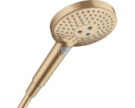 Hansgrohe Raindance Select S 120 håndbruser i børstet bronze, med 120 mm brusehoved og et Select-knap på håndtaget.