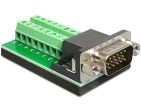 DeLock HD-15-adapter til klemrække med VGA-hanstik, set skråt forfra med grønne skrueklemmer og sort hus.