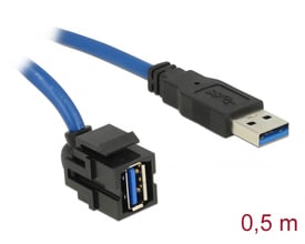 DeLock Keystone-modul med blåt USB 3.0-kabel, USB-A-hunstik i 250° vinkel og USB-A-hanstik.