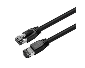 Sort MicroConnect CAT8.1 S/FTP-netværkskabel på 3 meter med to skærmede stik vist fra forskellige vinkler.