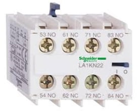 Hvid Schneider Electric hjælpeblok LA1KN22 med 1 NO og 3 NC kontakter, vist med clipsmontage og tydelige numre.