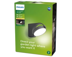 Philips Mimosa LED udendørs væglampe i antracit, 7W, 2700K, IP44, fremvist på grøn emballage.