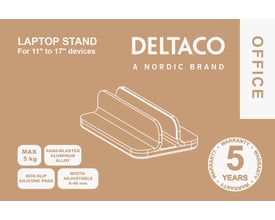 Deltaco ARM-0532 laptop stand illustration, viser max 5 kg kapacitet, sandblæst aluminium og justerbar bredde 8-46mm.