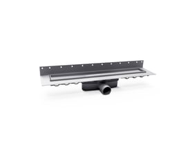 Purus Line lav afløbsrende på 700 mm med lang rende, monteringsflange og vandret Ø50 mm udløb.