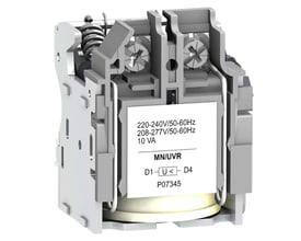 Detaljeret indsigt i Schneider Electric MN/UVR spolen, viser intern konstruktion og 220-240V/50-60Hz mærkning.