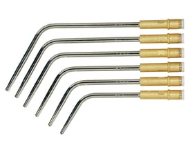 Seks Esab X11 svejseindsatser arrangeret i en bue, der viser forskellige godstykkeler fra 1,5 til 3,0 mm og en totallængde på 230 l/h.