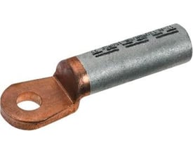 Detaljeret billede af Elpress DIN 46235 Al/Cu-kabelsko, der viser kobberring og aluminiumsrør med mærkning.