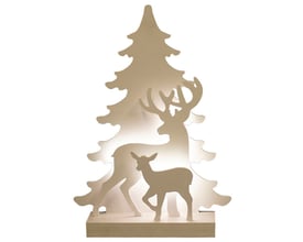 En isoleret visning af Nordic Winter julesilhuet med rensdyr og grantræ med 11 varmhvide LED lys, som skaber hyggelig stemning.