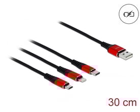 DeLock 3-i-1 USB-A til Lightning, Micro USB og USB-C ladekabel med 30 cm længde, vist på hvid baggrund.