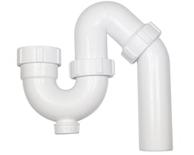 Unico hvid vandlås til køkkenvask med 1 1/2" gevind og 50 mm diameter, fremstillet af plast med renseprop.