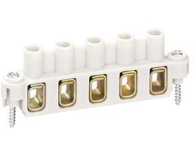 Spelsberg 5-polet KLS klemrække i hvid plast med messingterminaler, designet til 6 mm² ledere og Abox 060.