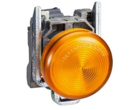 Schneider Electric gul signallampe i Harmony XB4 serien med LED til 230-240VAC og Zamak monteringsflange.