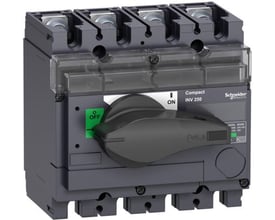 Schneider Electric Compact INV160 lastadskiller med fire poler, sort drejegreb og tydelig ON/OFF-indikator på grå plastkabinet.