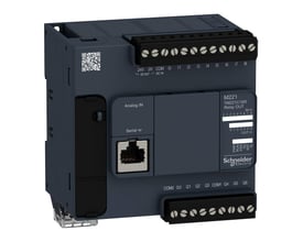 Schneider Electric Modicon M221 TM221C16R PLC med 9 digitale indgange, 2 analoge indgange og 7 relæudgange, grå plastikhus med tydelige mærkater.