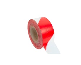 Roliba afmærkningsbånd i rød og hvid, 70mm x 500m, viser en rulle med tydelige farvemønstre.