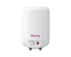 Frontbillede af Eldom 10 liters el-varmtvandsbeholder til ophængning, med knap og rød/blå tilslutningsstudse.