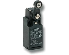 Omron grænseafbryder med rullearm i sort plast, model D4N-4120, med 1NC/1NO snap-action kontakter og Pg13,5 tilslutning.