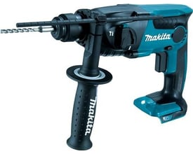 Makita DHR165Z borehammer i turkis og sort, set fra siden med borebit og støttehåndtag; 18 V og 1,3 J.