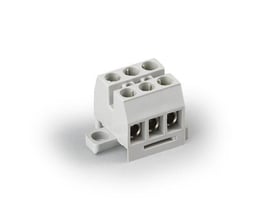 Ensto Clampo Compact 3-polet klemblok i hvid plast med seks tilslutningshuller og monteringsøje på hvid baggrund.