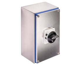 Kraus & Naimer reparationsafbryder med 80A, 4 polet + 1NO/NC og IP66 rating, i rustfri stål kapsling med sort/gråt greb.