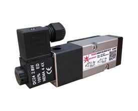 MODU Valves Phobus magnetventil, 24VDC, 3/2-5/2-vejs med sort plaststik og grå aluminiumskrop, tydeligt mærket med specifikationer.