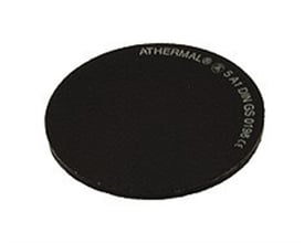 Rundt svejseglas med diameter 50 mm og mærkning DIN 5 samt 'ATHERMAL', designet til svejse- og slibebriller.