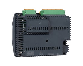 Schneider Electric Pro-face rear modul dig/ana source LT4000M, grå, med grønne og gule stik på siden og mærkater som DC24V, FG, CAN, ETHERNET og COM1.