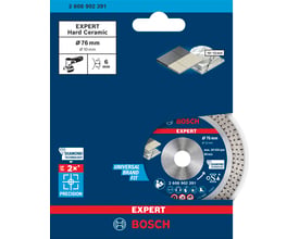 Bosch Hard Ceramic diamantskæreskive Ø76/10 mm i blå og rød emballage, med skiven synlig.