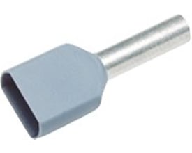 Nærbillede af Elpress isoleret twinterminalrør i grå, viser den ovale åbning og 8mm længde.