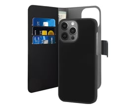 Puro iPhone 13 Pro EcoLeather Wallet med aftageligt cover i sort kunstlæder, viser kort- og pengelommer på venstre side.