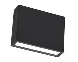 Sort Lumenlight BARI Mini væglampe med to lysfelter ses skråt forfra med det rektangulære, kompakte design.