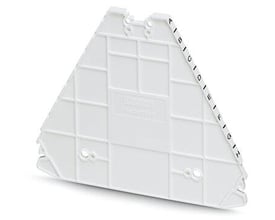 Phoenix Contact D-PTRV 8 WH A-H, en hvid trekantet mærkningsholder med bogstaverne A til H trykt på siden.