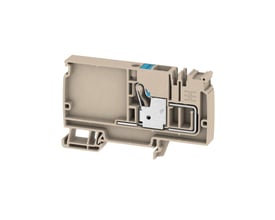 Weidmüller Distributionsklemme AAP12 10 LO BL i beige og blå, med push-in tilslutning til 10mm2 ledere.