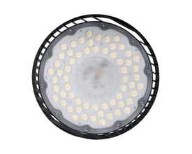 SpectrumLED LED high bay på 205 W med rund sort ramme og mange synlige LED'er, set forfra.