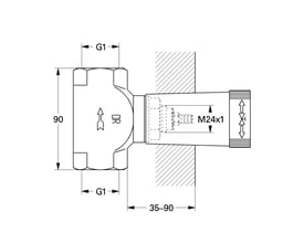Teknisk tegning af Grohe indbygningsventil i messing med 1" gevindtilslutning og dimensioner vist.