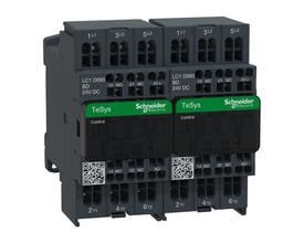 To Schneider Electric TeSys D reverserende kontaktorer, 9A, 24V DC, 3P, med 3 NO kontakter og 1 NO + 1 NC hjælpekontakter.