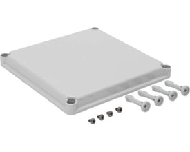 Fibox EKO30-G dæksel i grå polycarbonat, 280x280mm, med fire skruer og rawlplugs vist ved siden af.